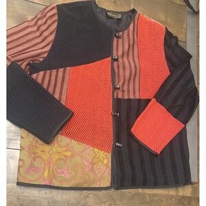 Alex Kim Art To Wear Patchwork Jacket Size L Beaded barrel Button Closure Maxim